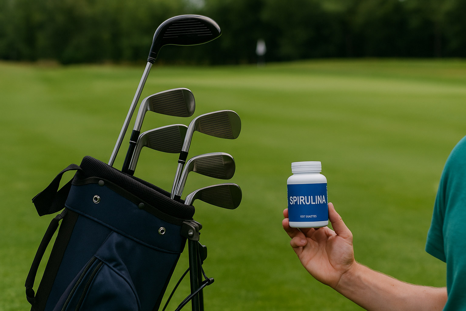 Golfspelare på green under en solig dag – symbol för uthållighet, fokus och vikten av rätt näring som spirulina för att prestera hela rundan.